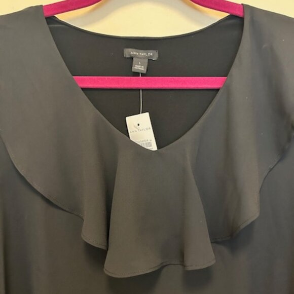 Ann Taylor Long Sleeve V Neck Black top with Ruffled V Neck and Billowy Sleeves. - Picture 5 of 5